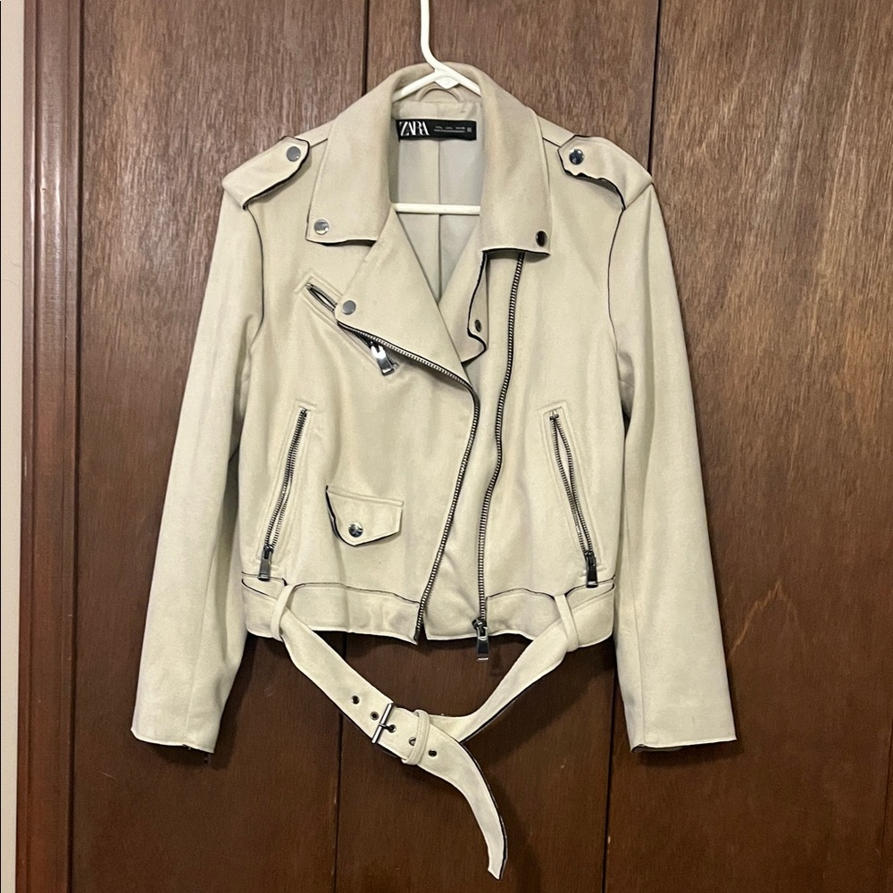 Zara Off-White Faux Suede Biker Jacket Large